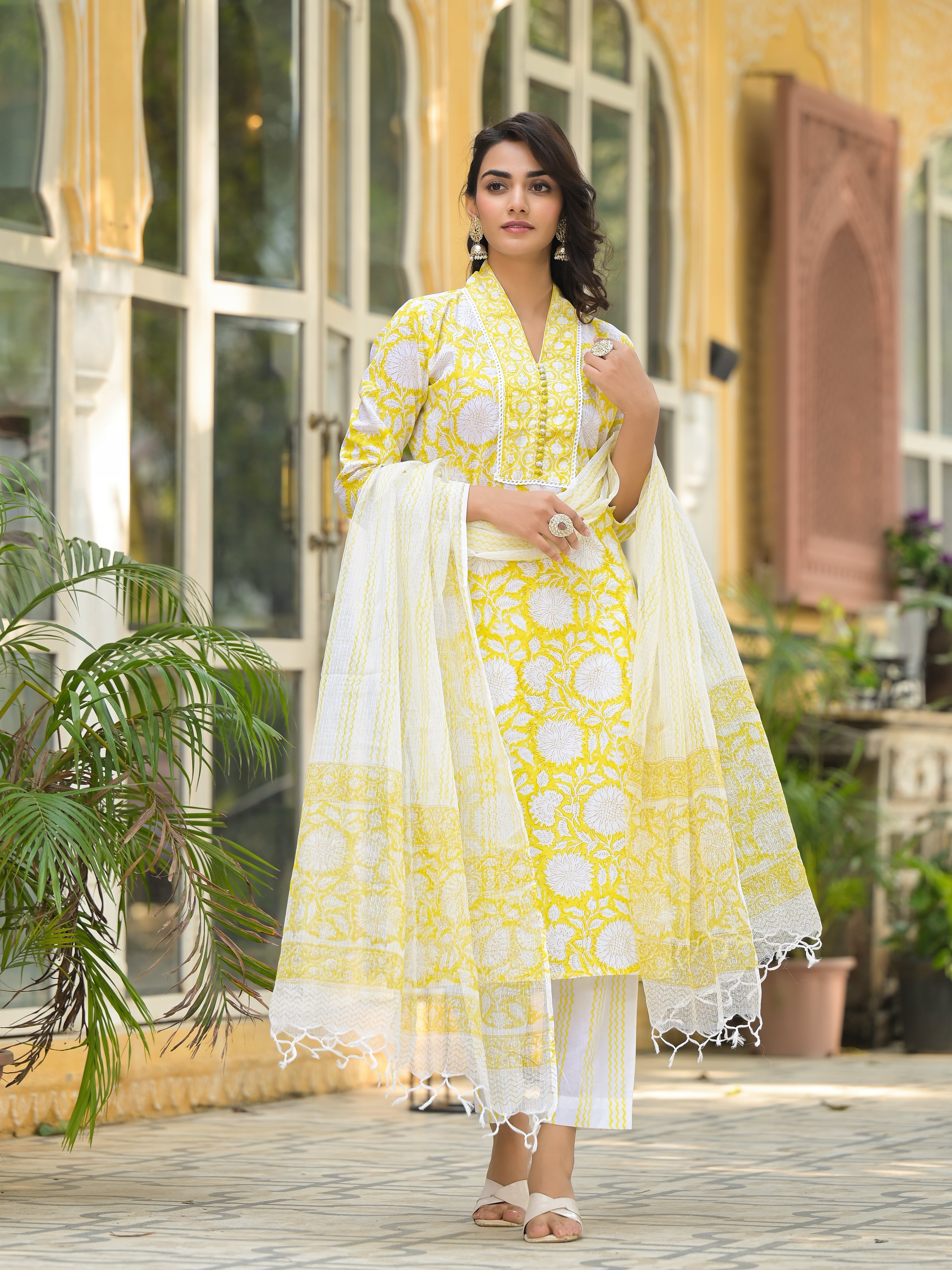 Eshani Yellow Hand Block Print Pure Cotton Straight Kurta Set