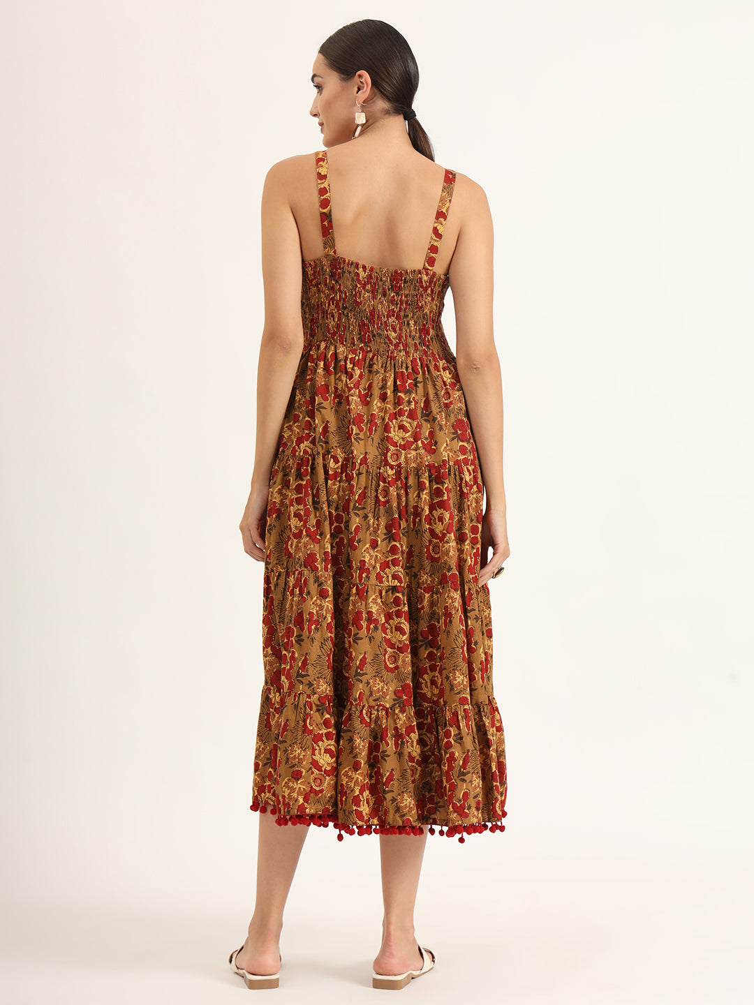 ESHANI Brown Floral Print Pure Cotton Fit & Flare Dress