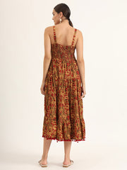 ESHANI Brown Floral Print Pure Cotton Fit & Flare Dress