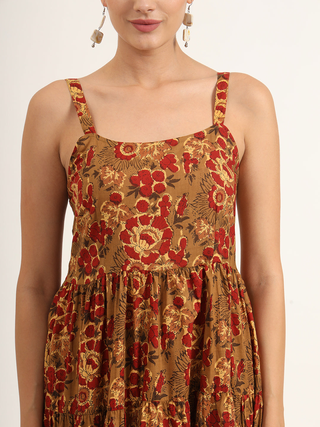 ESHANI Brown Floral Print Pure Cotton Fit & Flare Dress