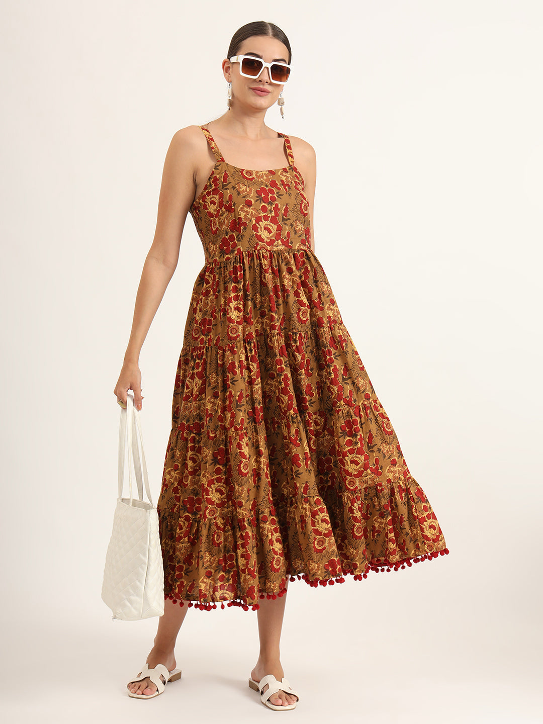 ESHANI Brown Floral Print Pure Cotton Fit & Flare Dress