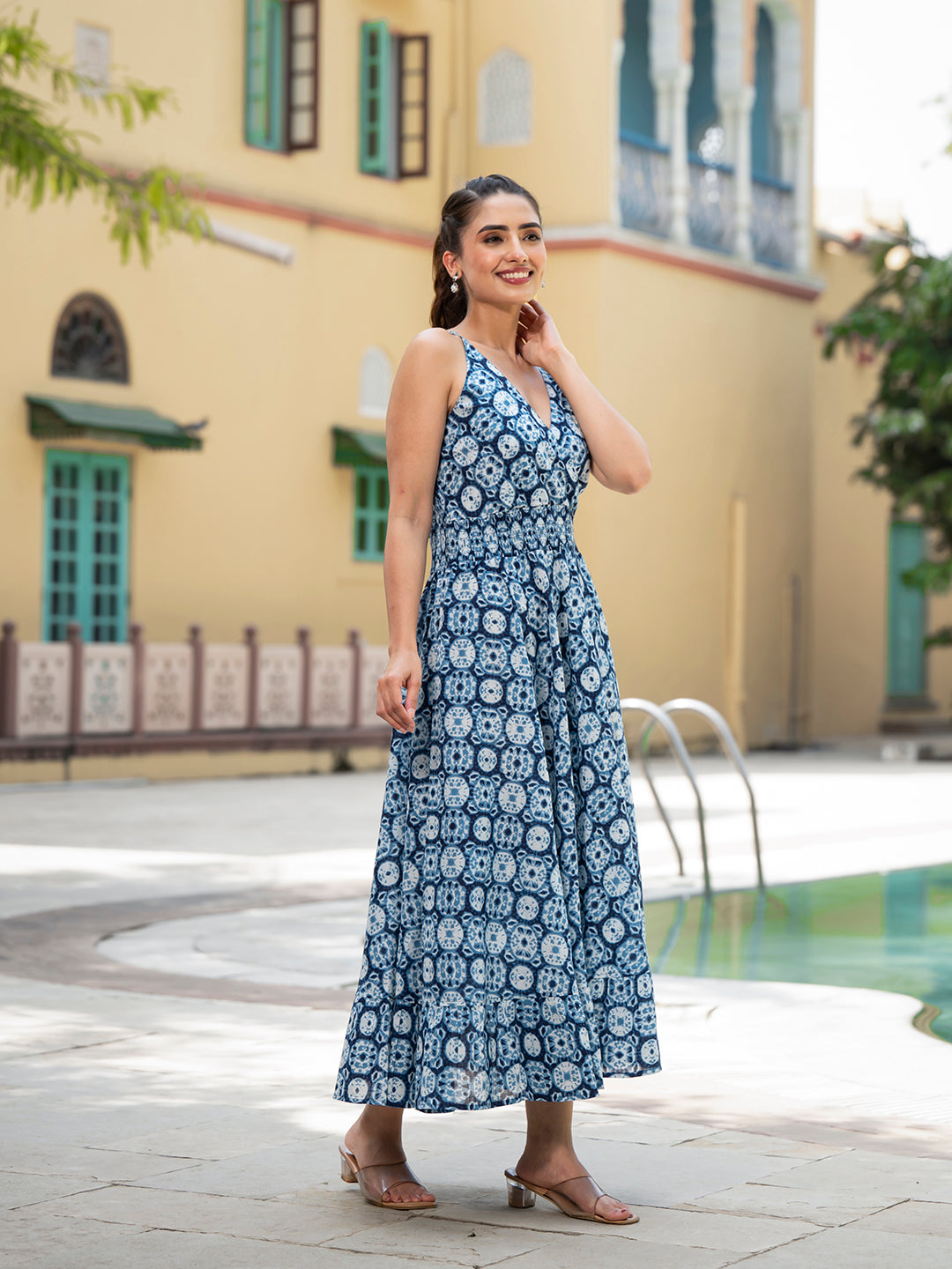 Eshani Blue Floral Print Pure Cotton Fit & Flare Dress