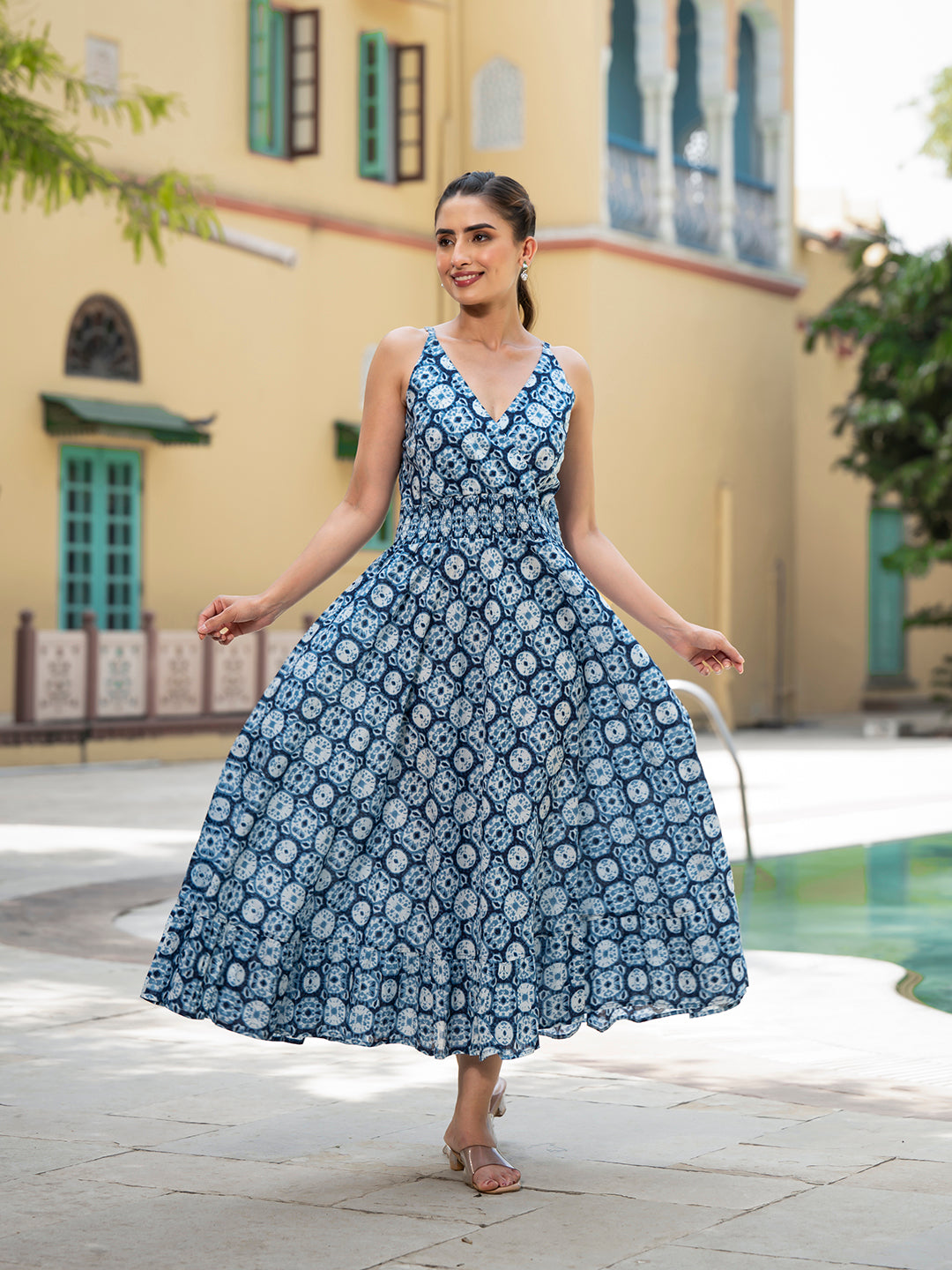 Eshani Blue Floral Print Pure Cotton Fit & Flare Dress