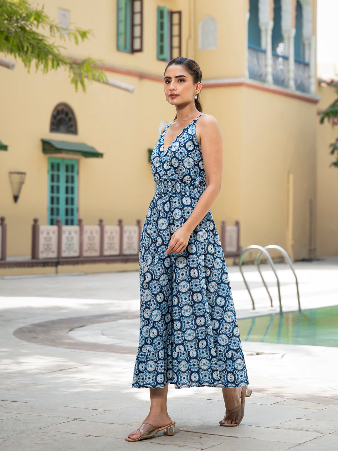 Eshani Blue Floral Print Pure Cotton Fit & Flare Dress
