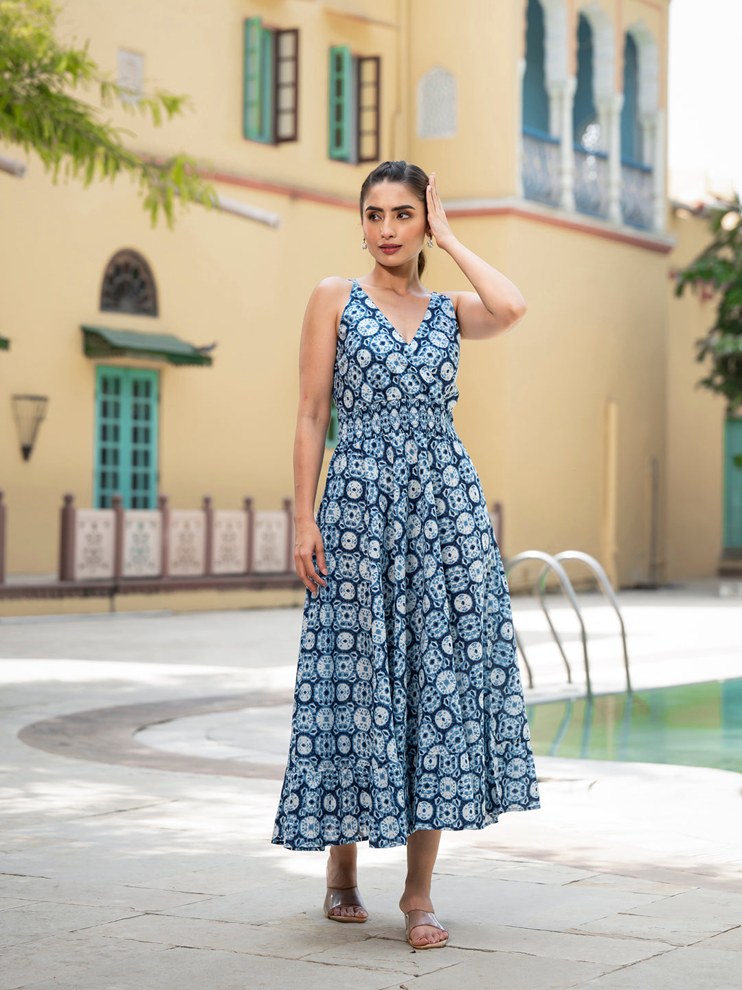Eshani Blue Floral Print Pure Cotton Fit & Flare Dress