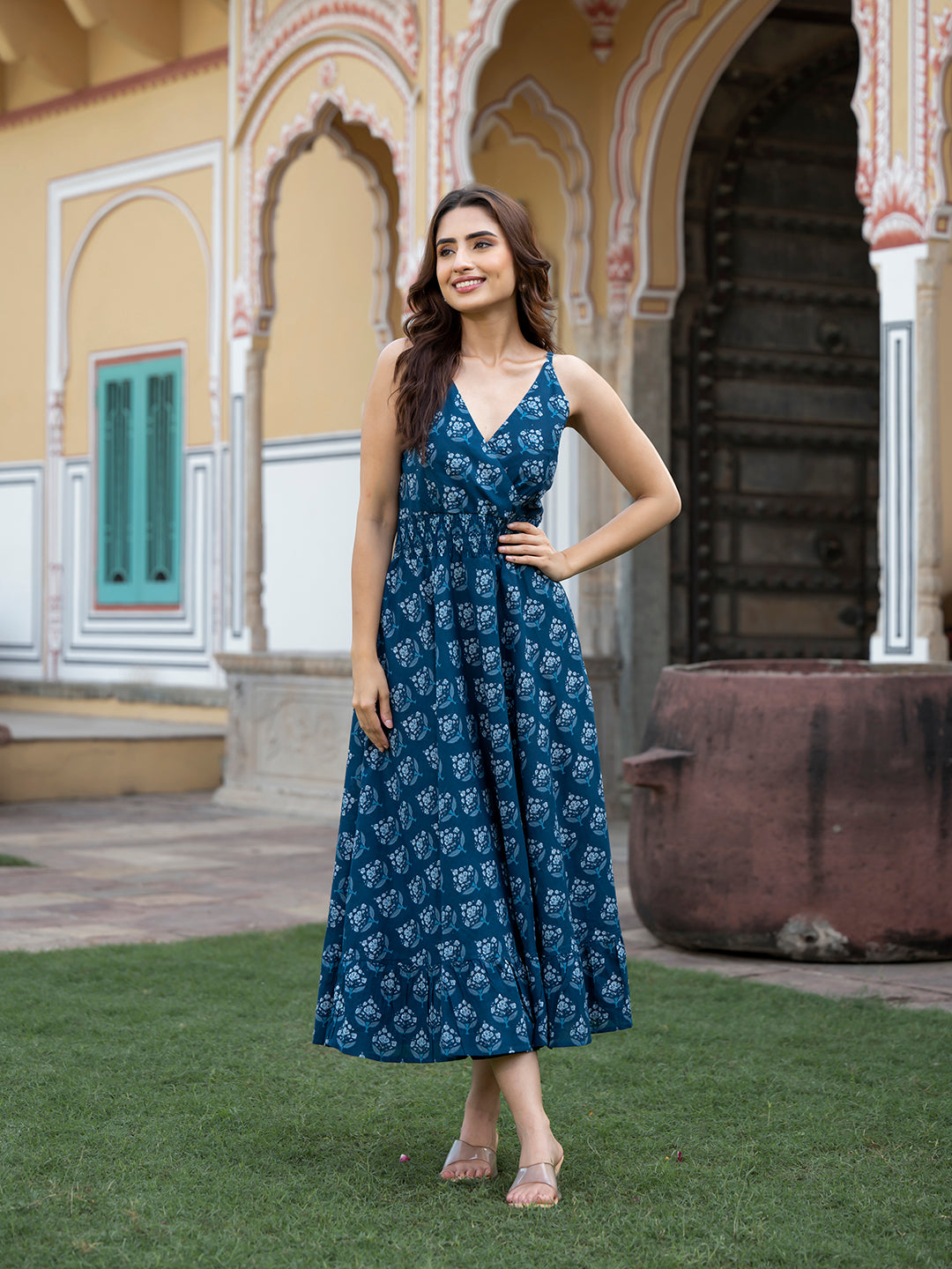 Eshani Indigo Blue Floral Print Pure Cotton Fit & Flare Dress