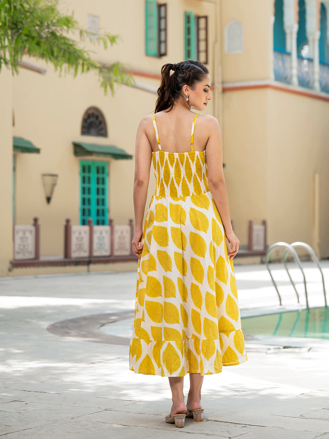 Eshani Yellow Printed Pure Cotton Fit & Flare Dress