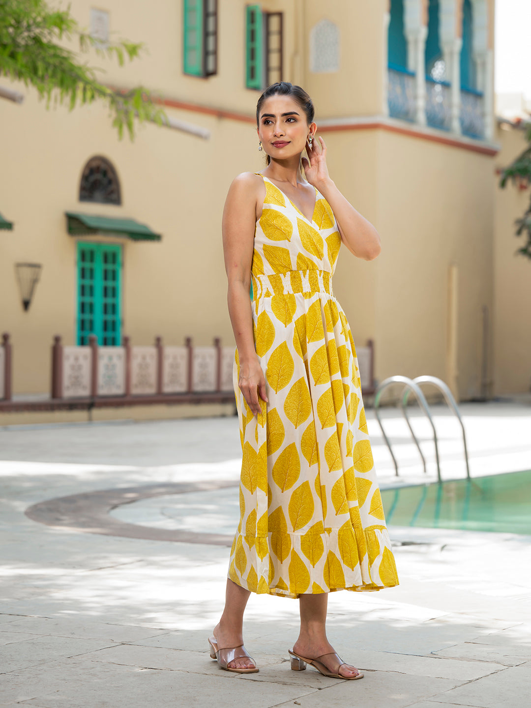 Eshani Yellow Printed Pure Cotton Fit & Flare Dress