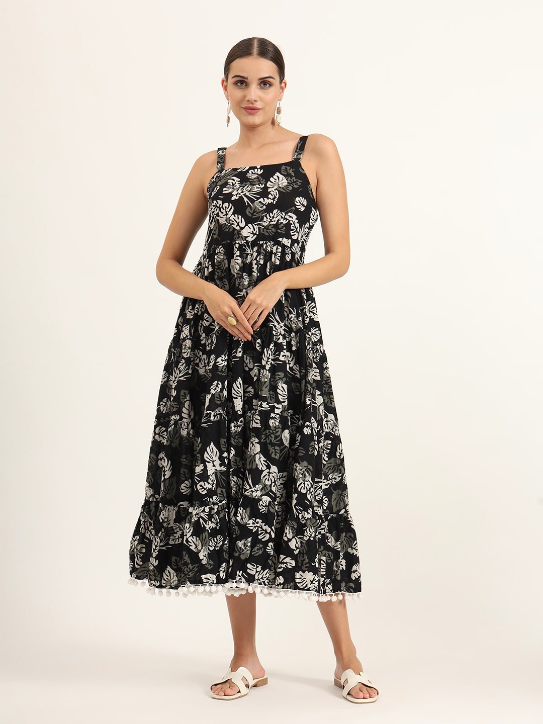 ESHANI Black Floral Print Pure Cotton Fit & Flare Dress