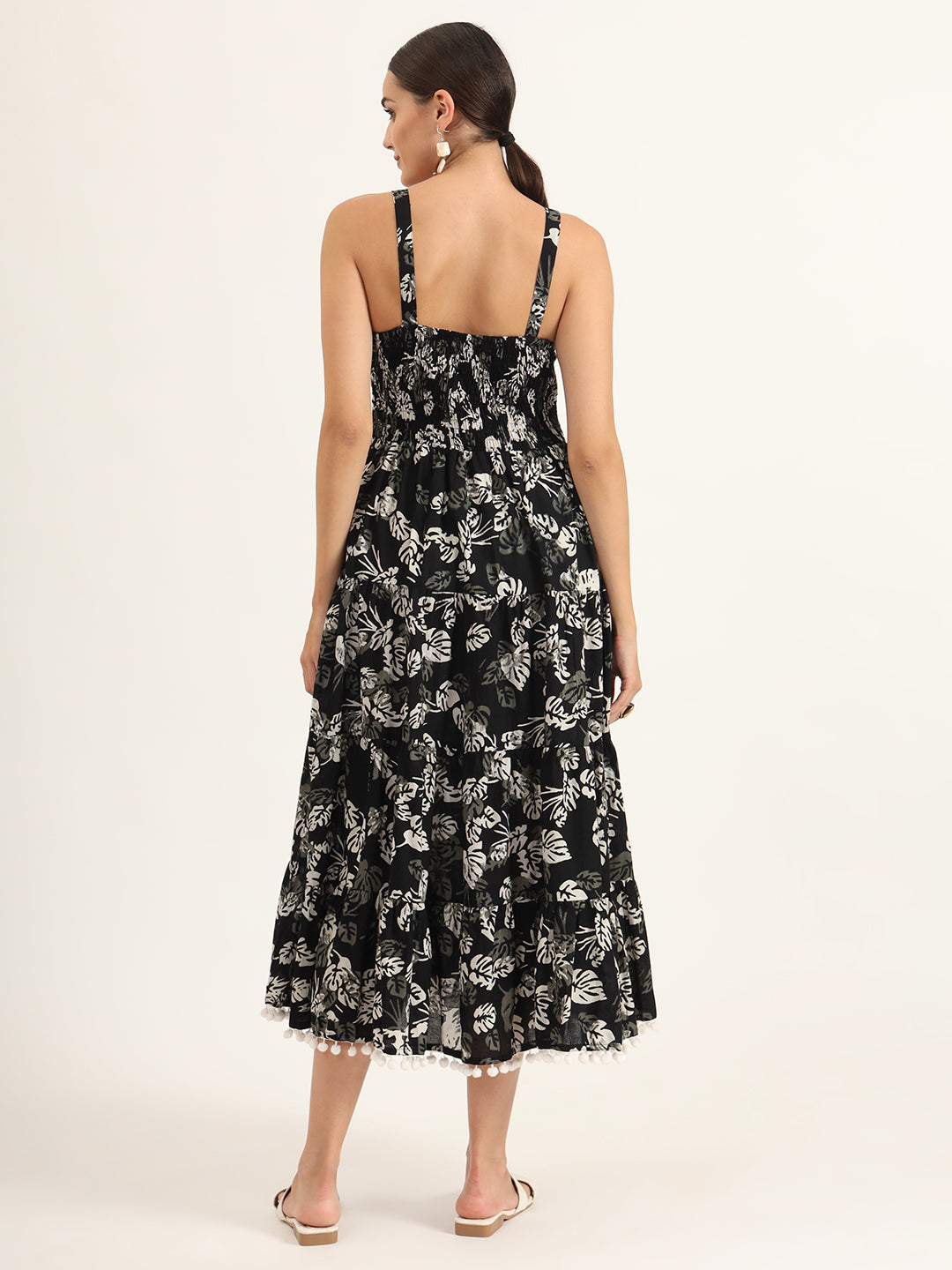 ESHANI Black Floral Print Pure Cotton Fit & Flare Dress