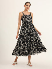 ESHANI Black Floral Print Pure Cotton Fit & Flare Dress