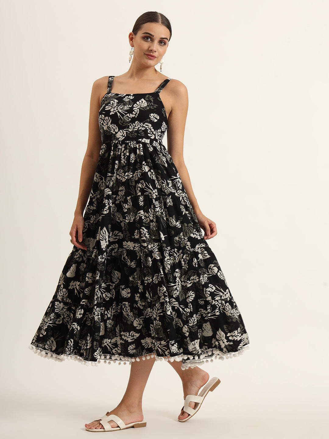ESHANI Black Floral Print Pure Cotton Fit & Flare Dress