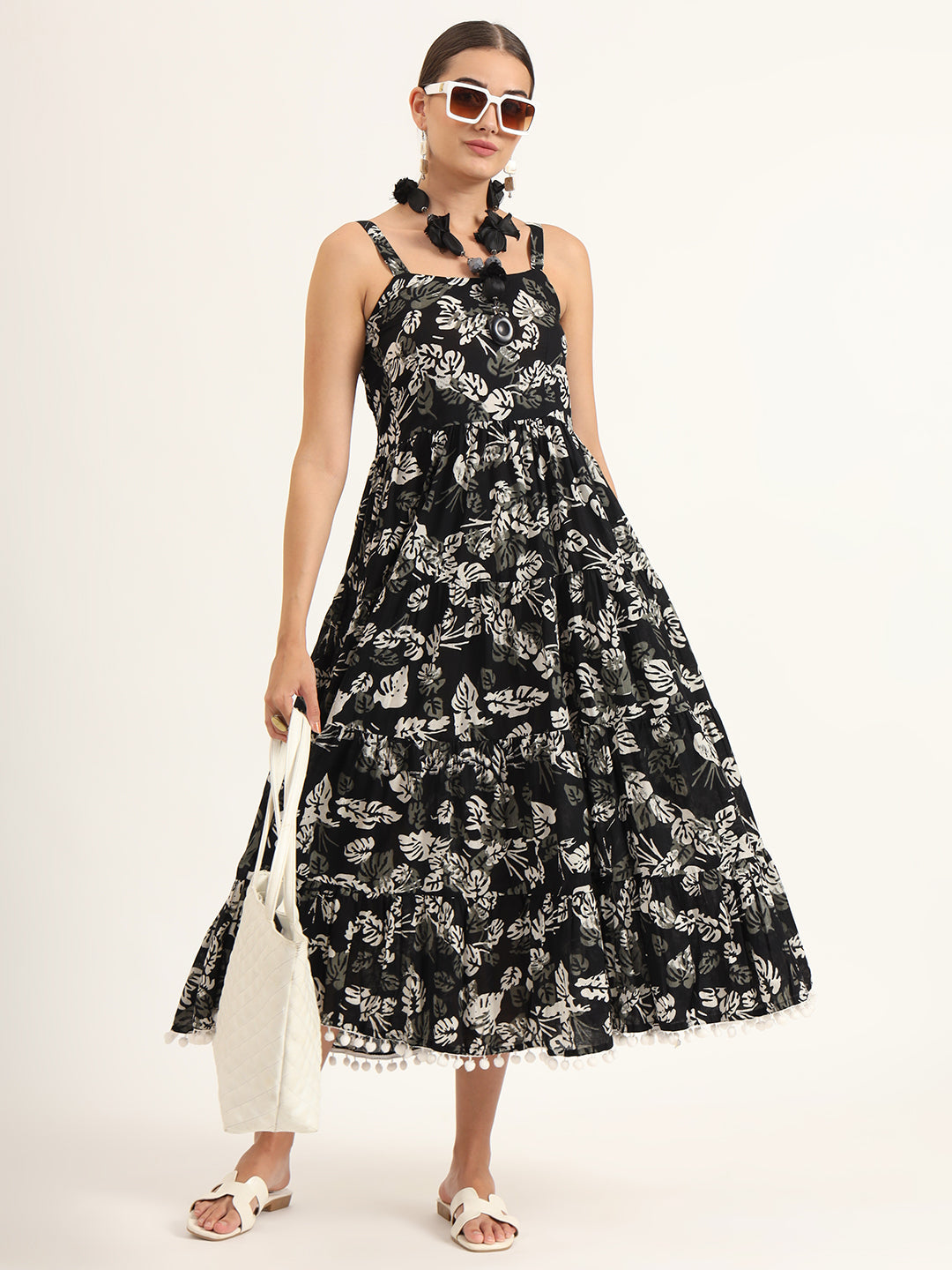 ESHANI Black Floral Print Pure Cotton Fit & Flare Dress