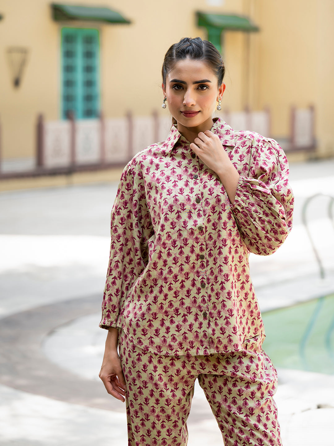 ESHANI Red Floral Print Pure Cotton Straight Co-ord Set