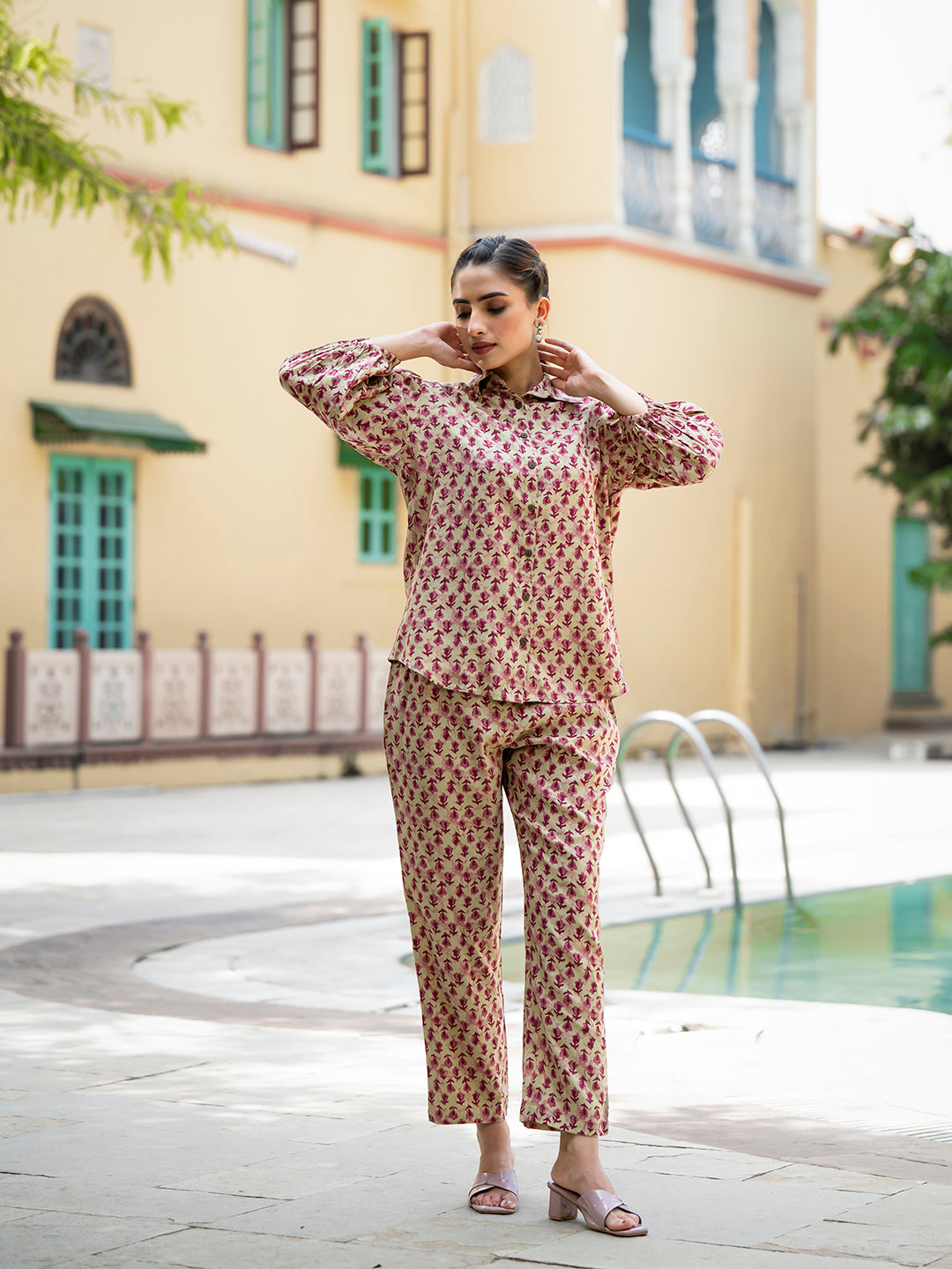 ESHANI Red Floral Print Pure Cotton Straight Co-ord Set
