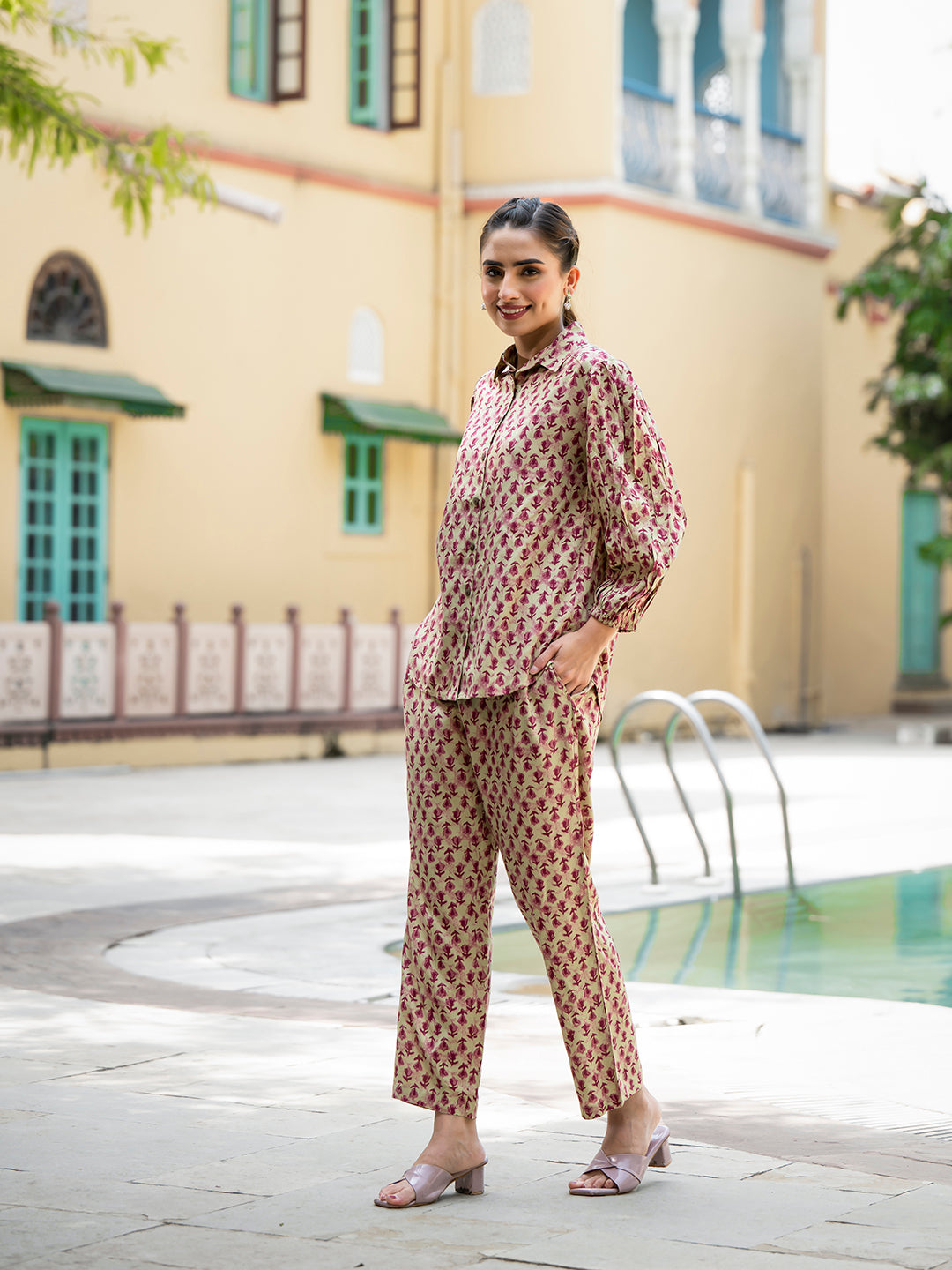 ESHANI Red Floral Print Pure Cotton Straight Co-ord Set