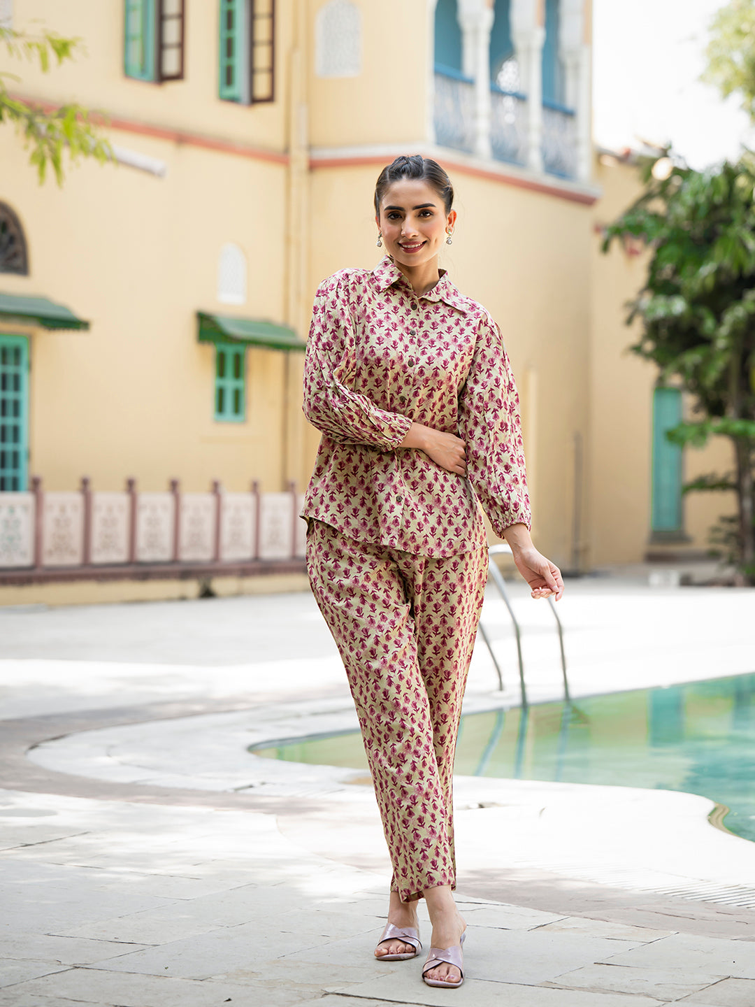 ESHANI Red Floral Print Pure Cotton Straight Co-ord Set