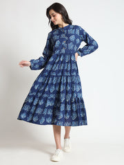 ESHANI Blue Floral Print Cotton Fabric Flared Dress