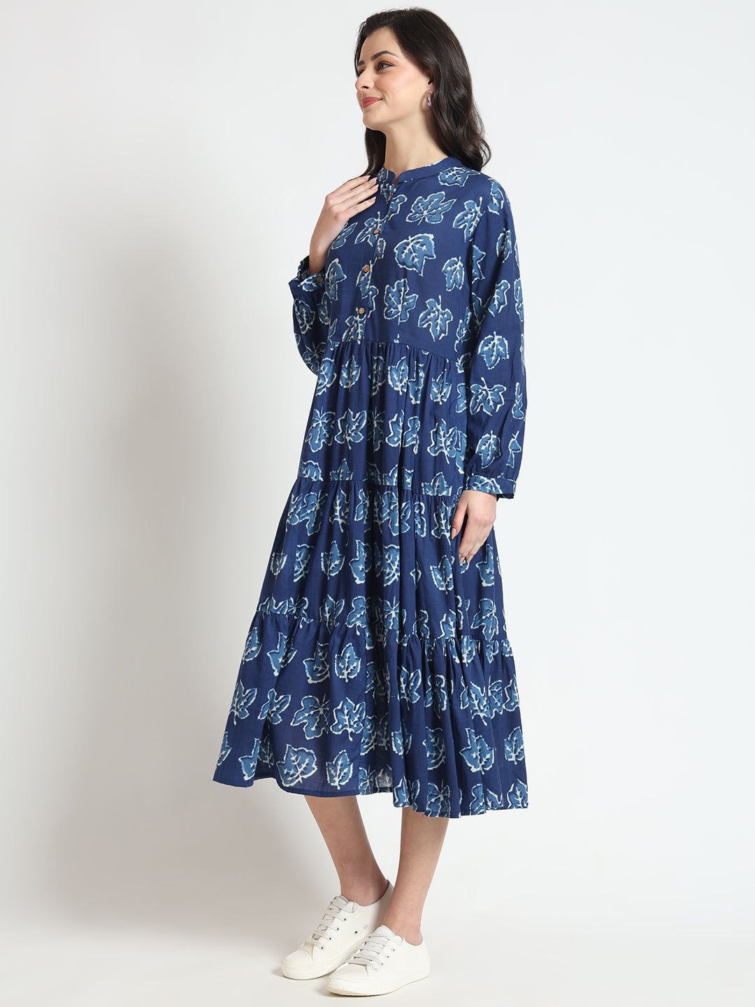 ESHANI Blue Floral Print Cotton Fabric Flared Dress