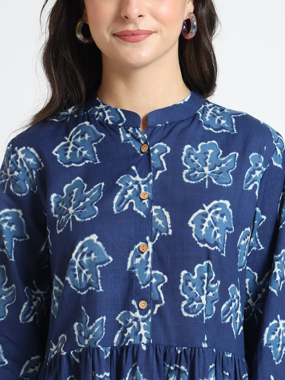 ESHANI Blue Floral Print Cotton Fabric Flared Dress