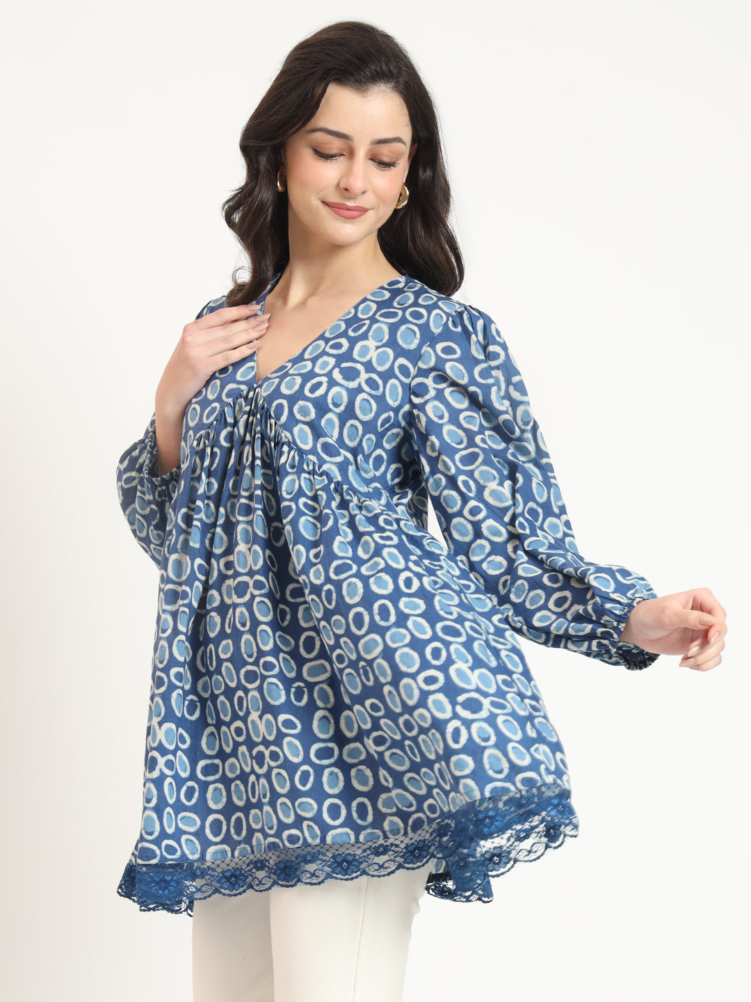 ESHANI Blue Cotton V-Neck Top
