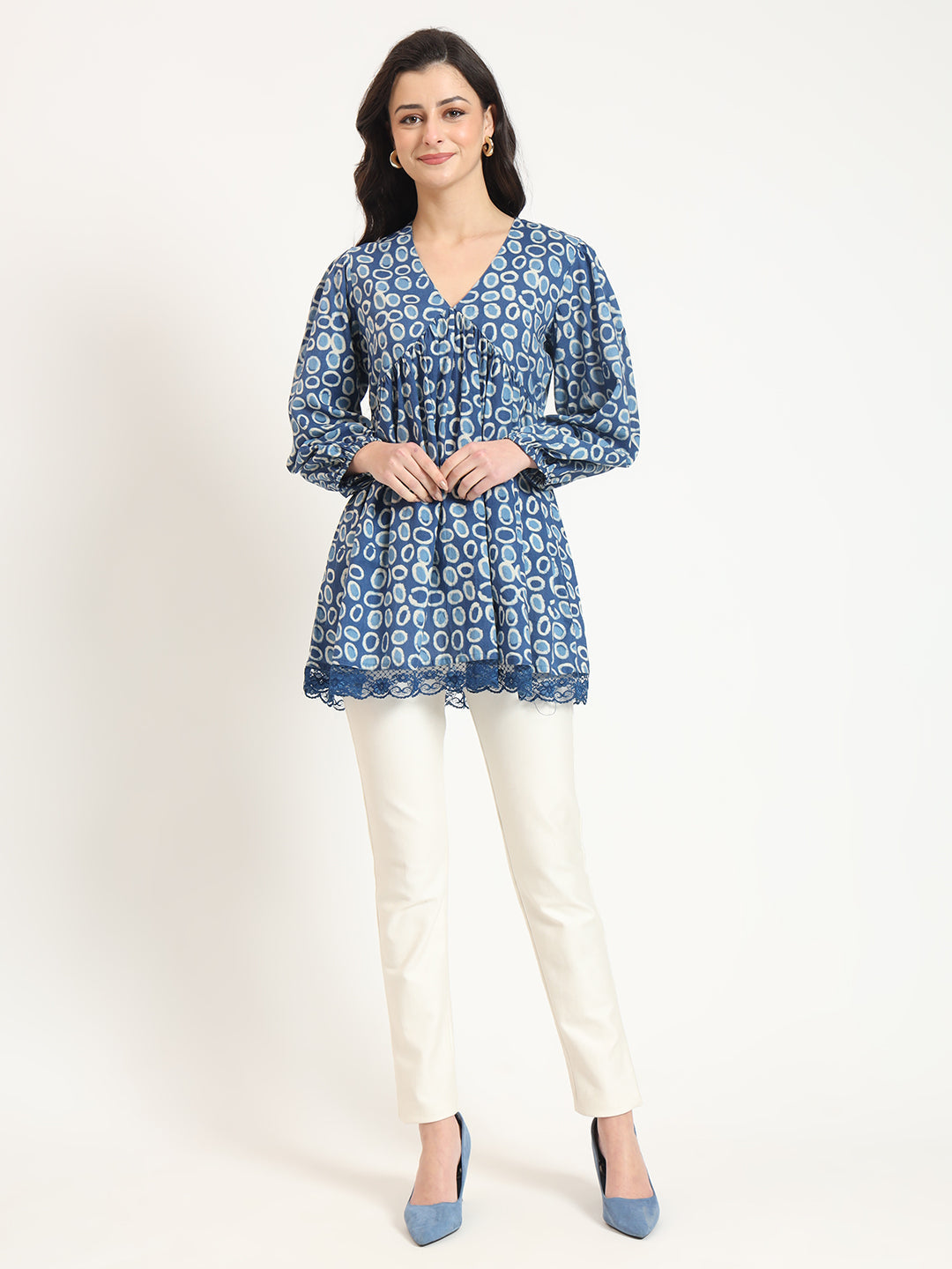 ESHANI Blue Cotton V-Neck Top