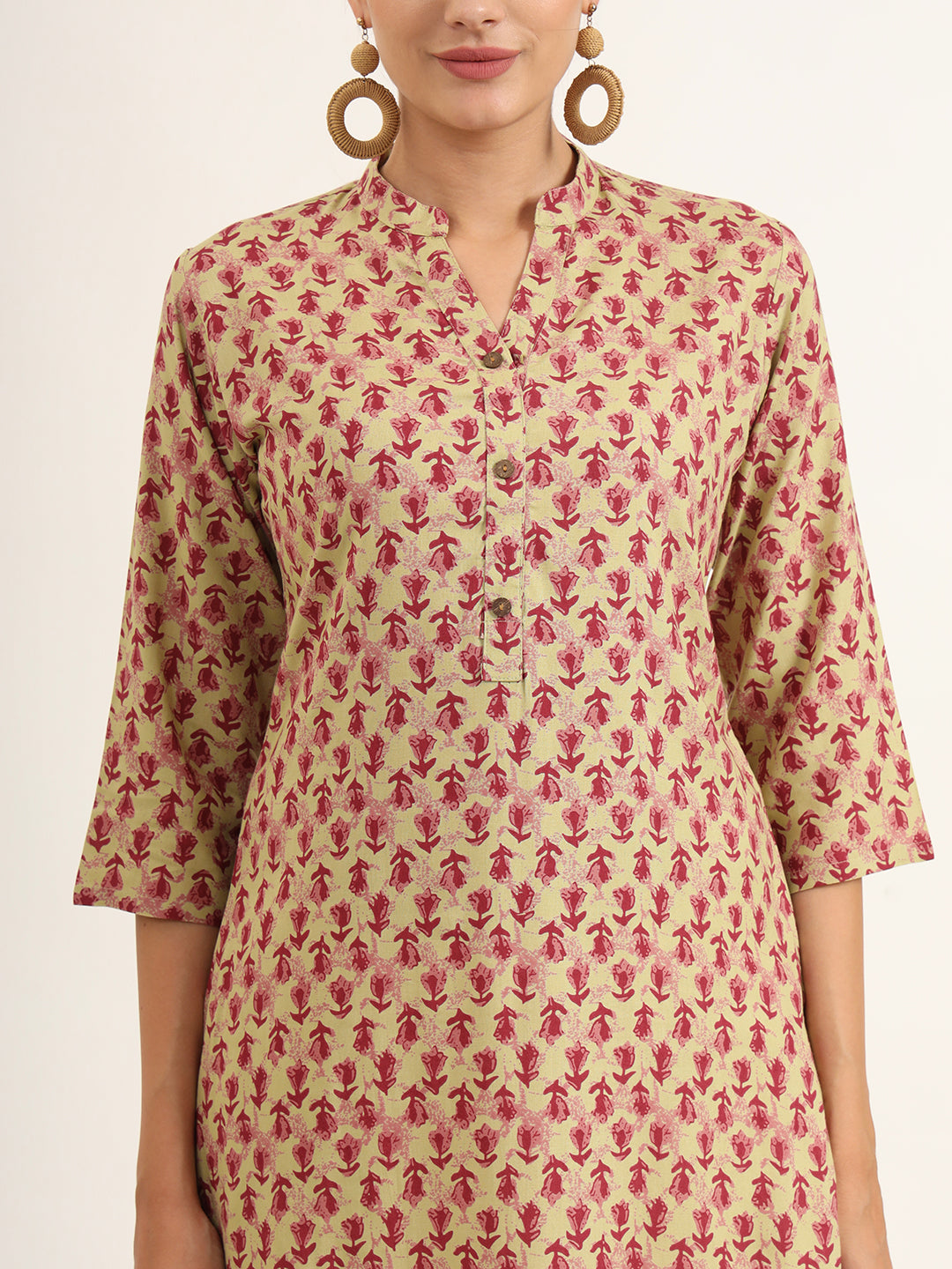 ESHANI Red Floral Print Pure Cotton Straight Kurta