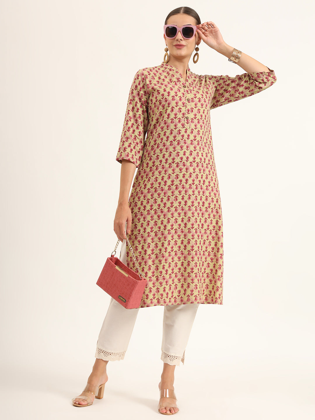 ESHANI Red Floral Print Pure Cotton Straight Kurta