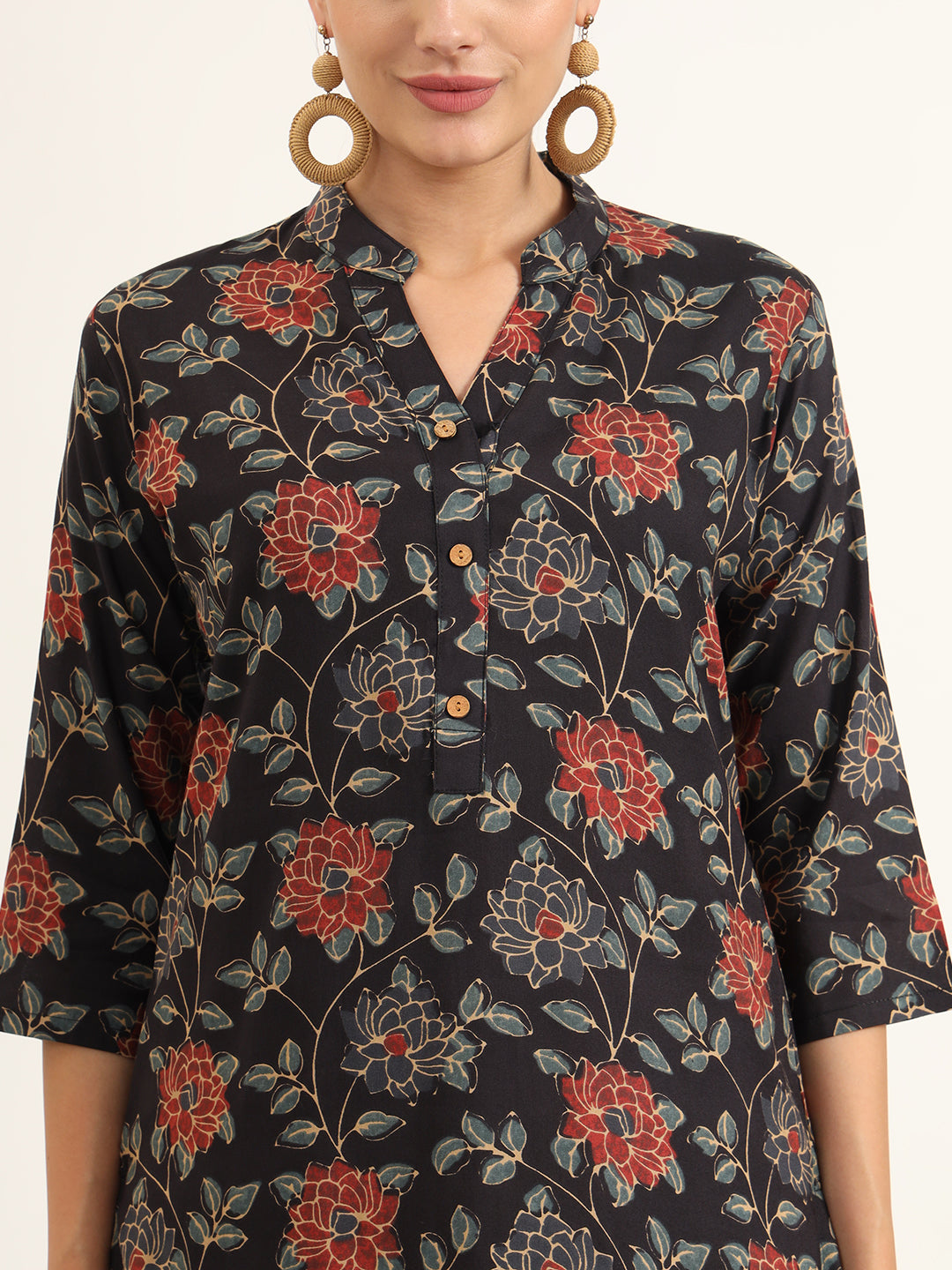 ESHANI Black Floral Print Rayon Straight Kurta
