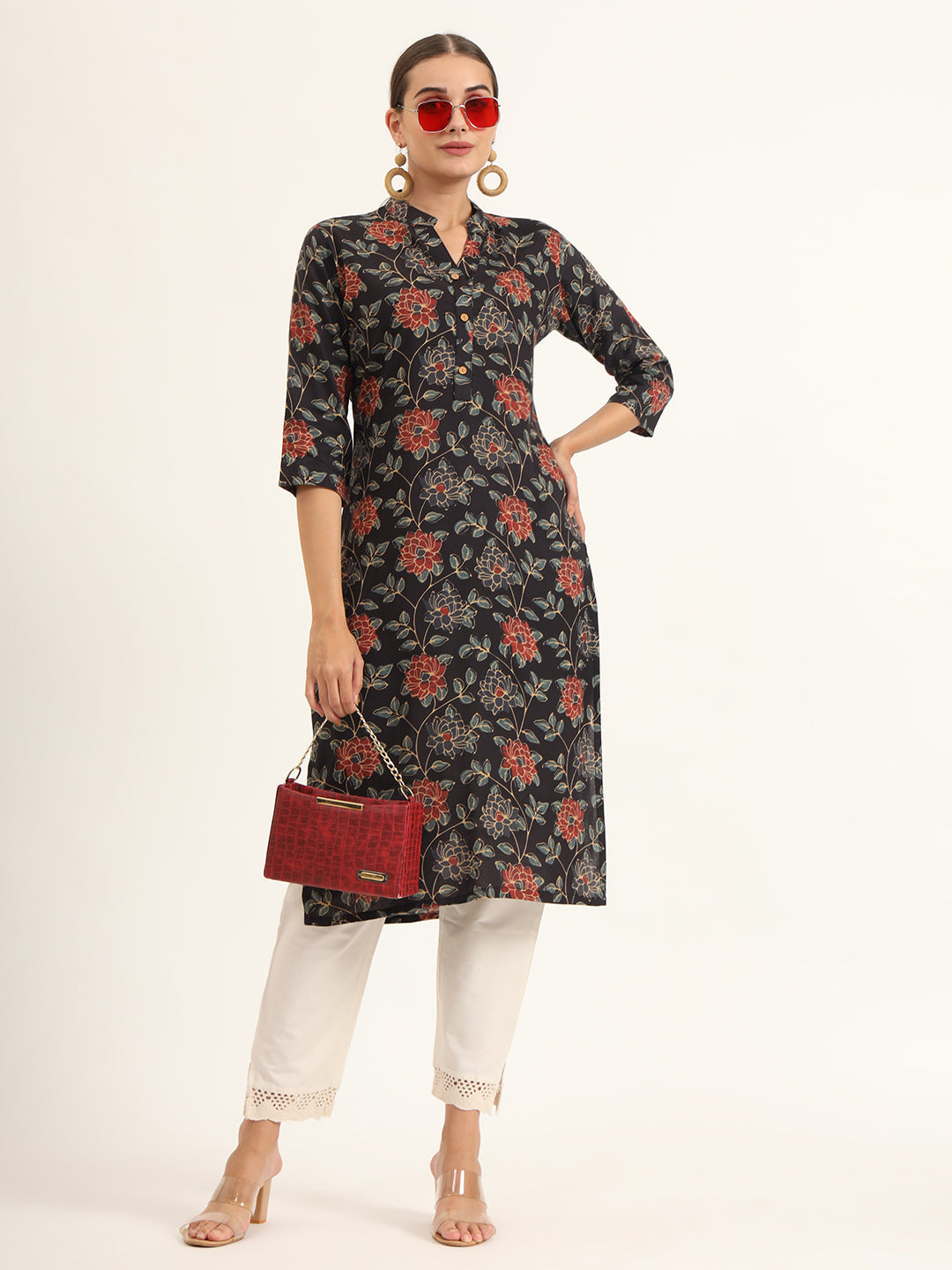 ESHANI Black Floral Print Rayon Straight Kurta