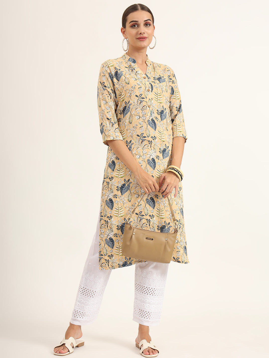 ESHANI Yellow Floral Print Rayon Straight Kurta
