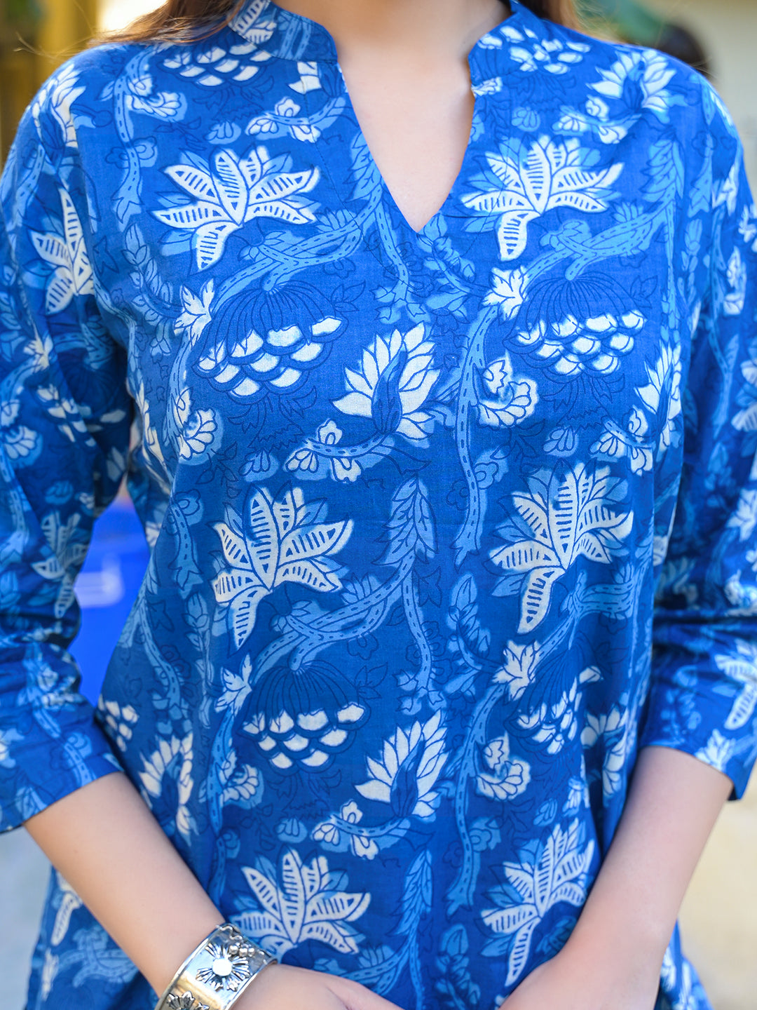 ESHANI Blue Floral Print Cotton Fabric Kurta with Pant