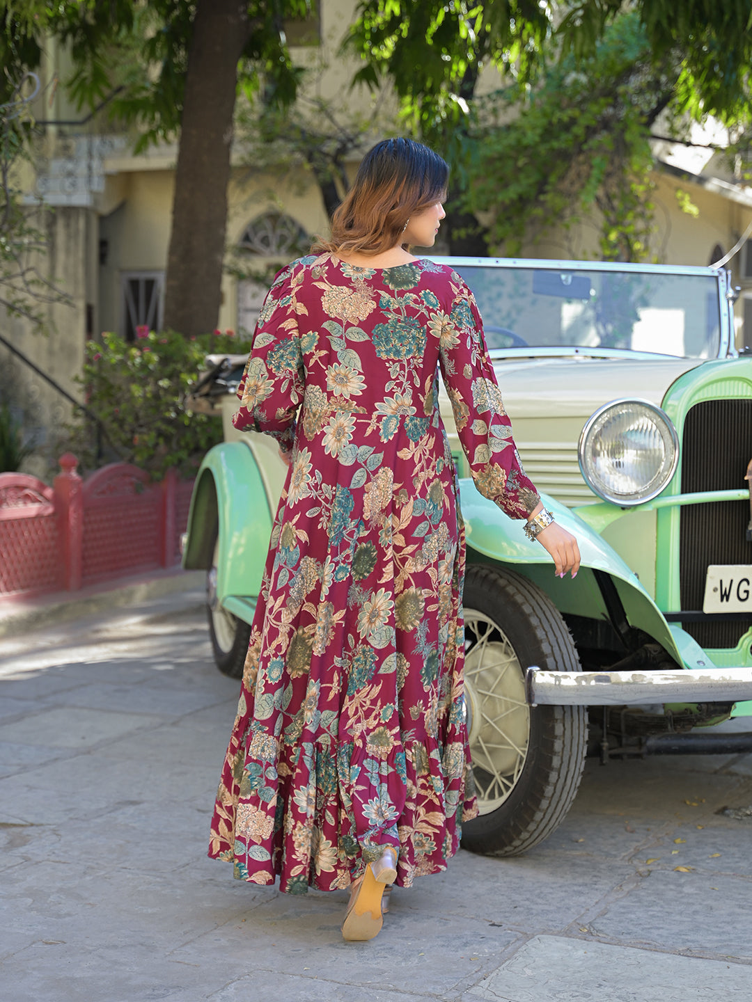 ESHANI Maroon Floral Print Rayon Fabric Flared Long Dress