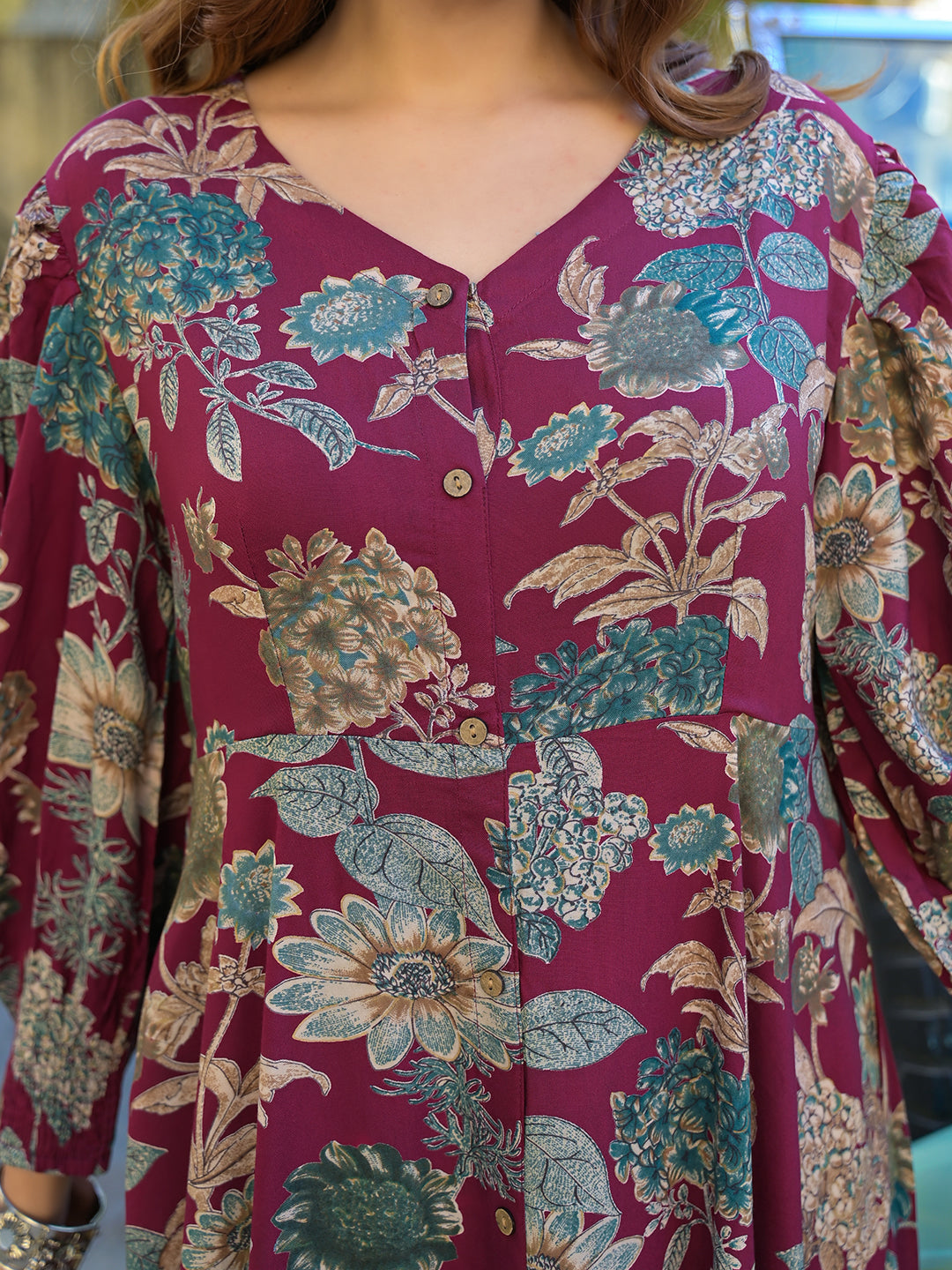 ESHANI Maroon Floral Print Rayon Fabric Flared Long Dress