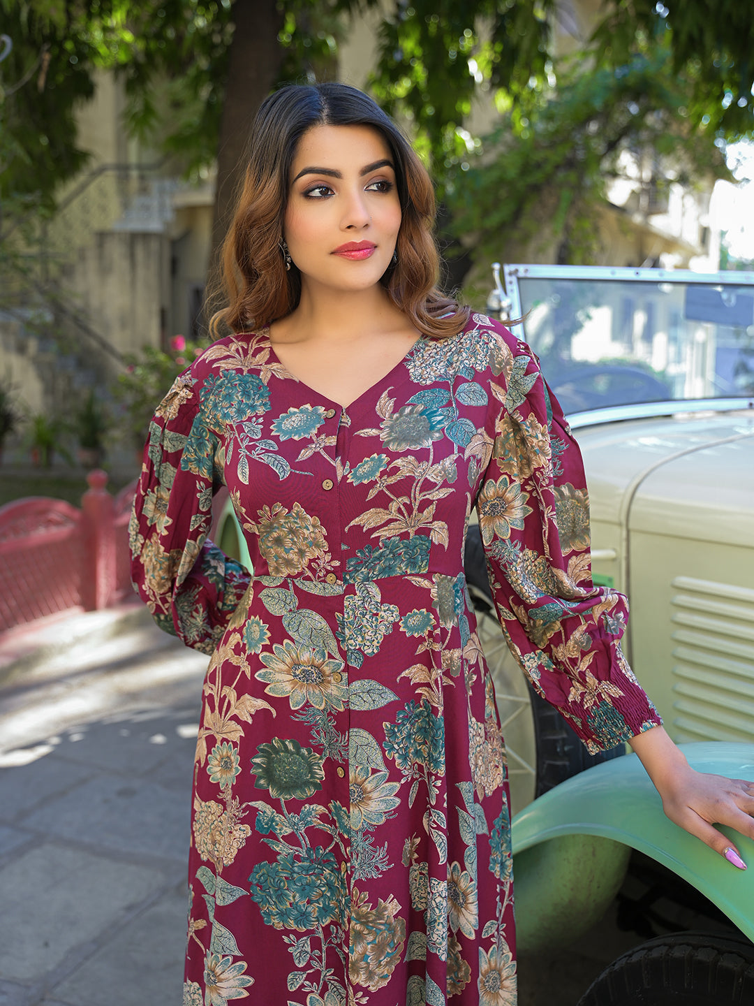 ESHANI Maroon Floral Print Rayon Fabric Flared Long Dress