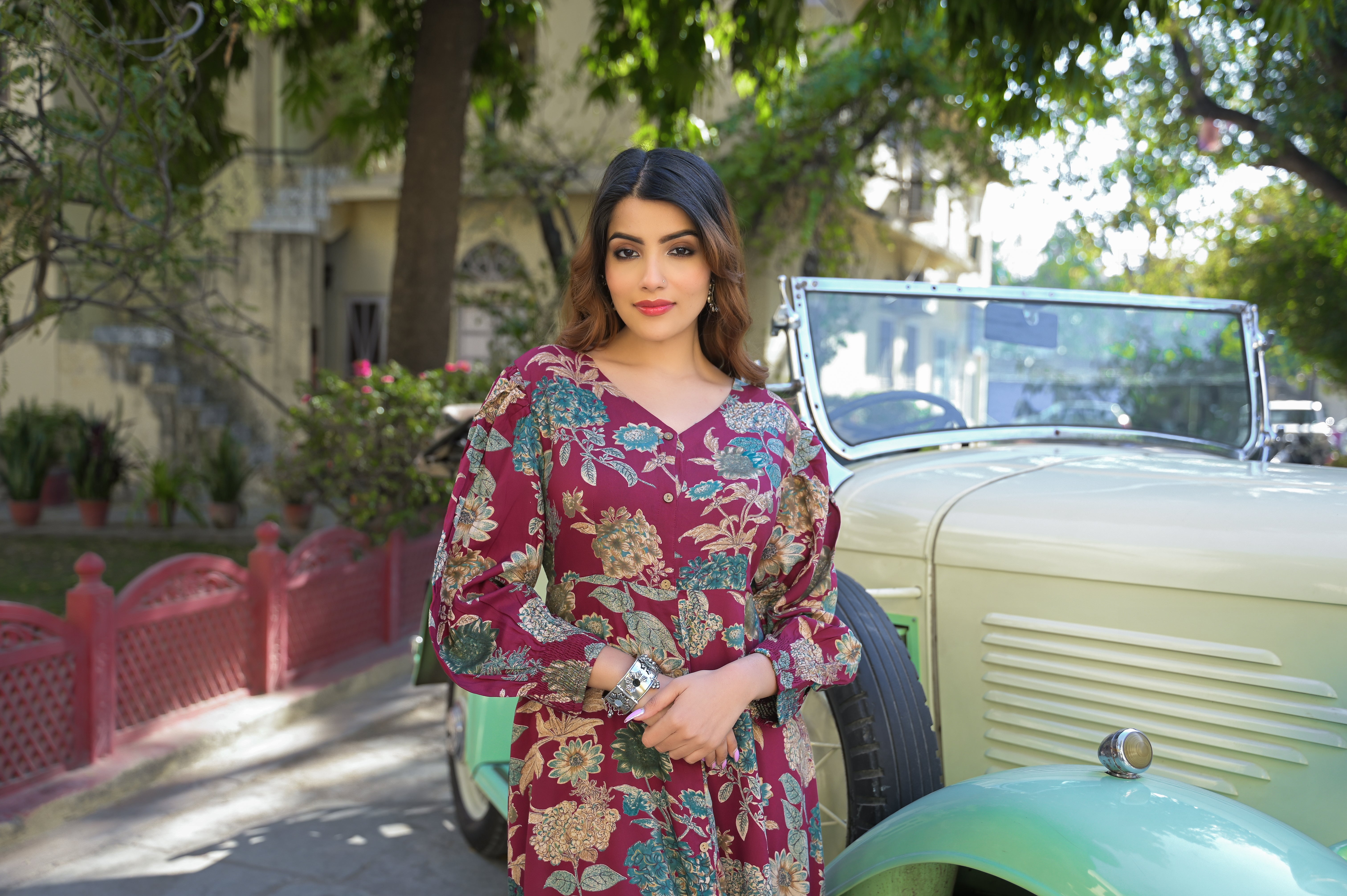 ESHANI Maroon Floral Print Rayon Fabric Flared Long Dress