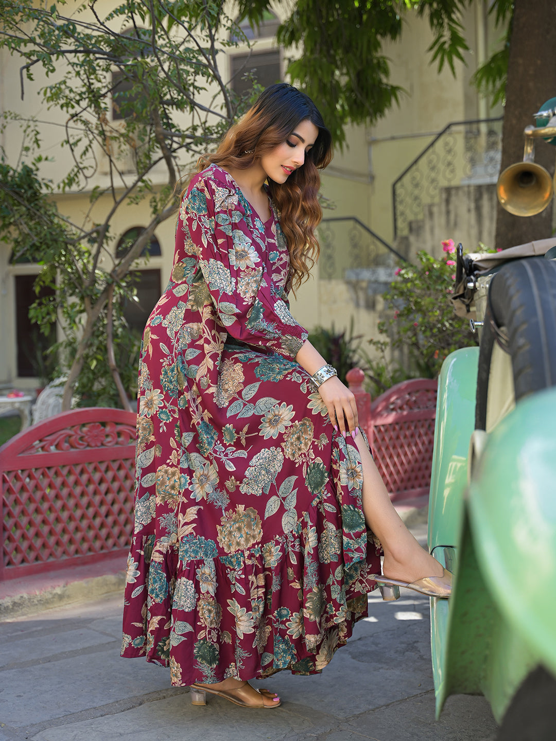ESHANI Maroon Floral Print Rayon Fabric Flared Long Dress