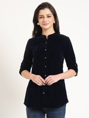 ESHANI Navy Blue Solid Print Velvet Top