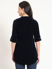 ESHANI Navy Blue Solid Print Velvet Top