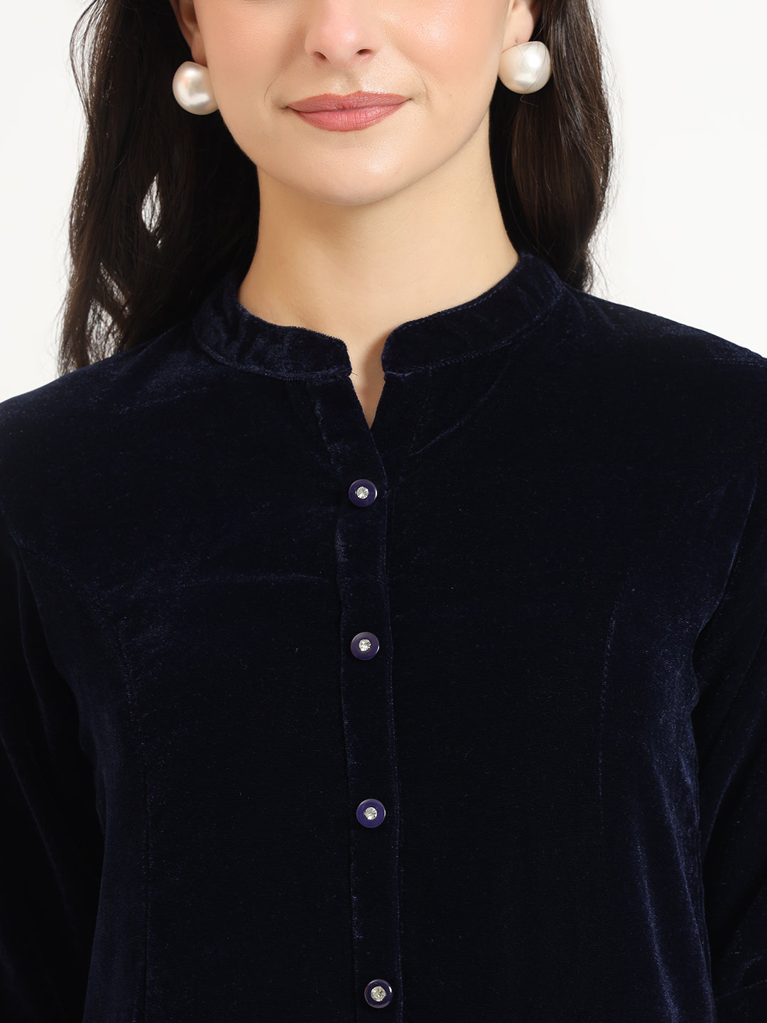 ESHANI Navy Blue Solid Print Velvet Top