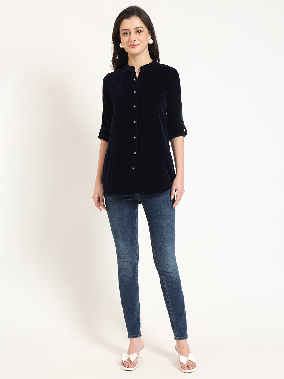 ESHANI Navy Blue Solid Print Velvet Top