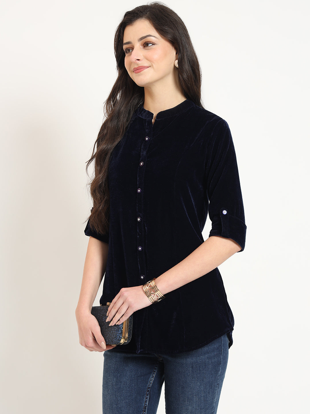 ESHANI Navy Blue Solid Print Velvet Top