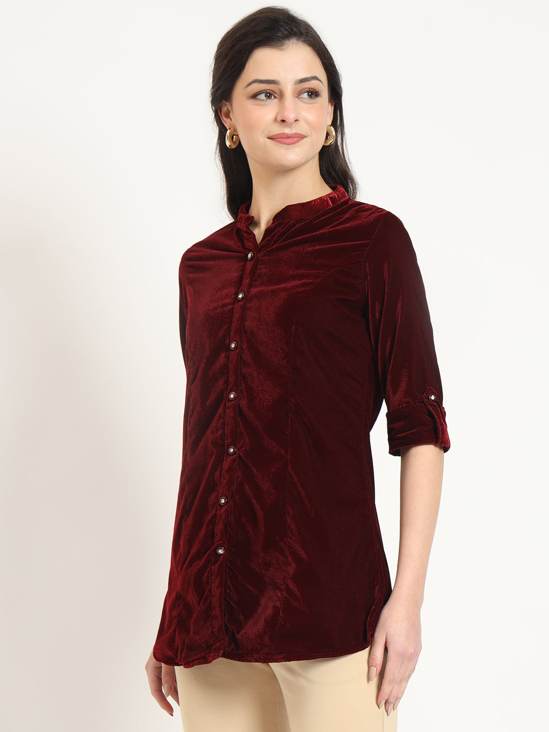 ESHANI Maroon Solid Print Velvet Straight Top