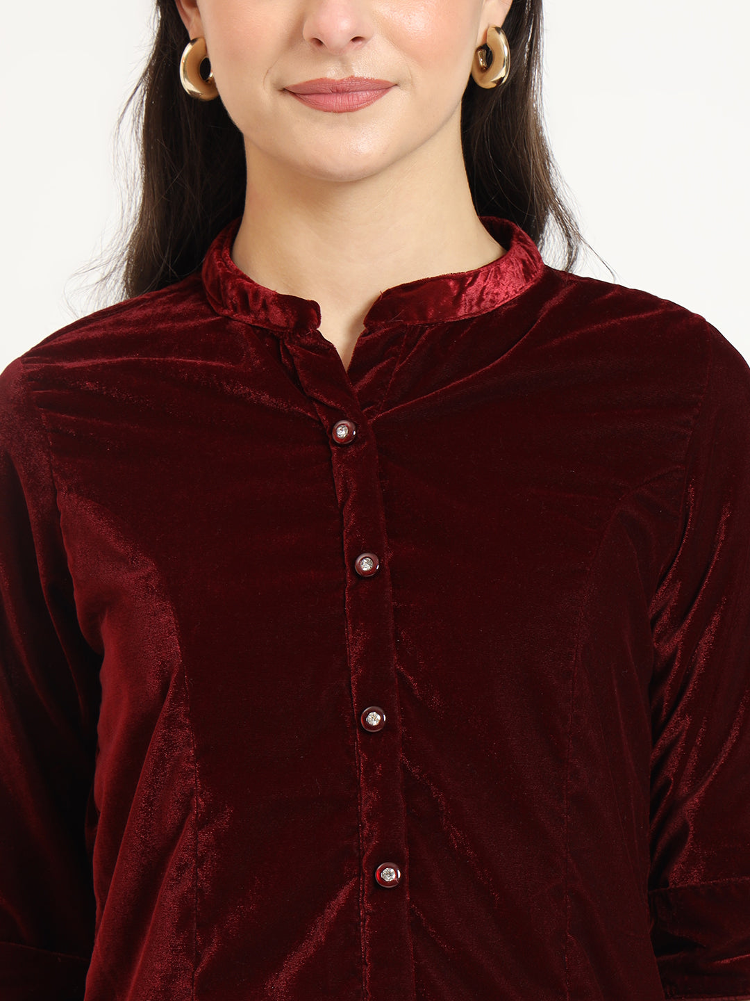 ESHANI Maroon Solid Print Velvet Straight Top