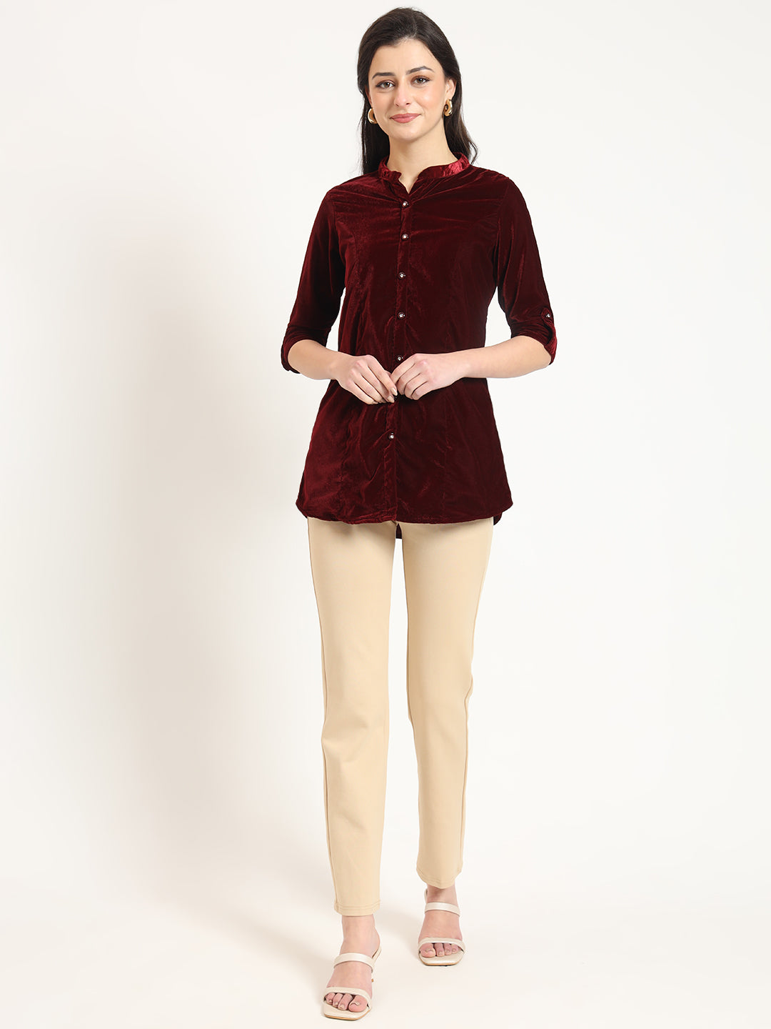 ESHANI Maroon Solid Print Velvet Straight Top
