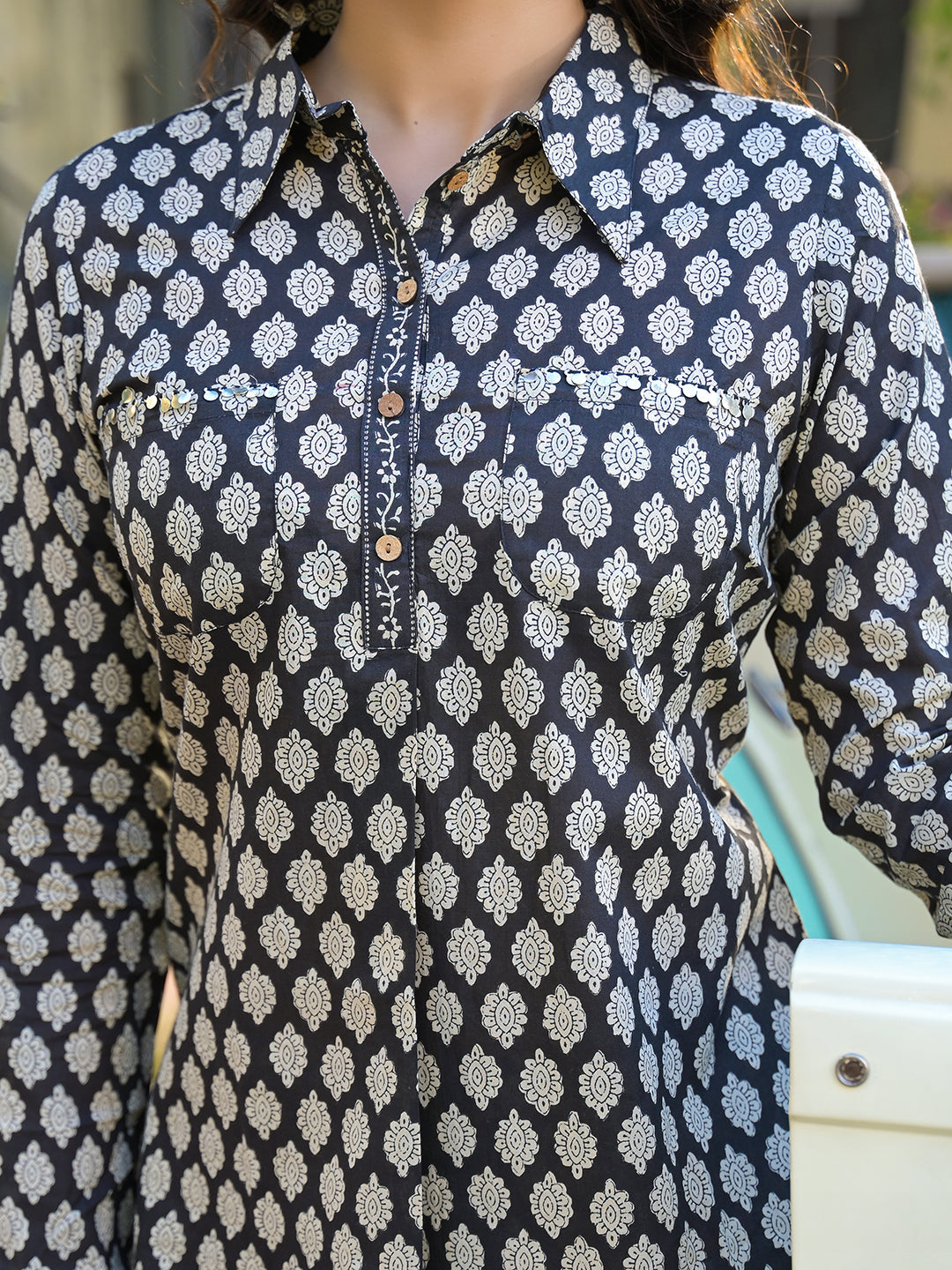 ESHANI Black Ethnic Printed Cotton Fabric Shirt Kurta With Trouser
