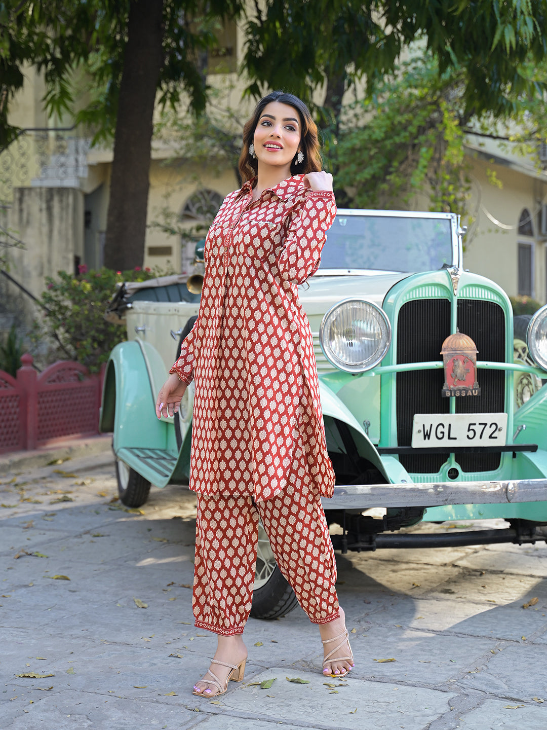 ESHANI Red Ethnic Printed Cotton Fabric Shirt Kurta With Trouser
