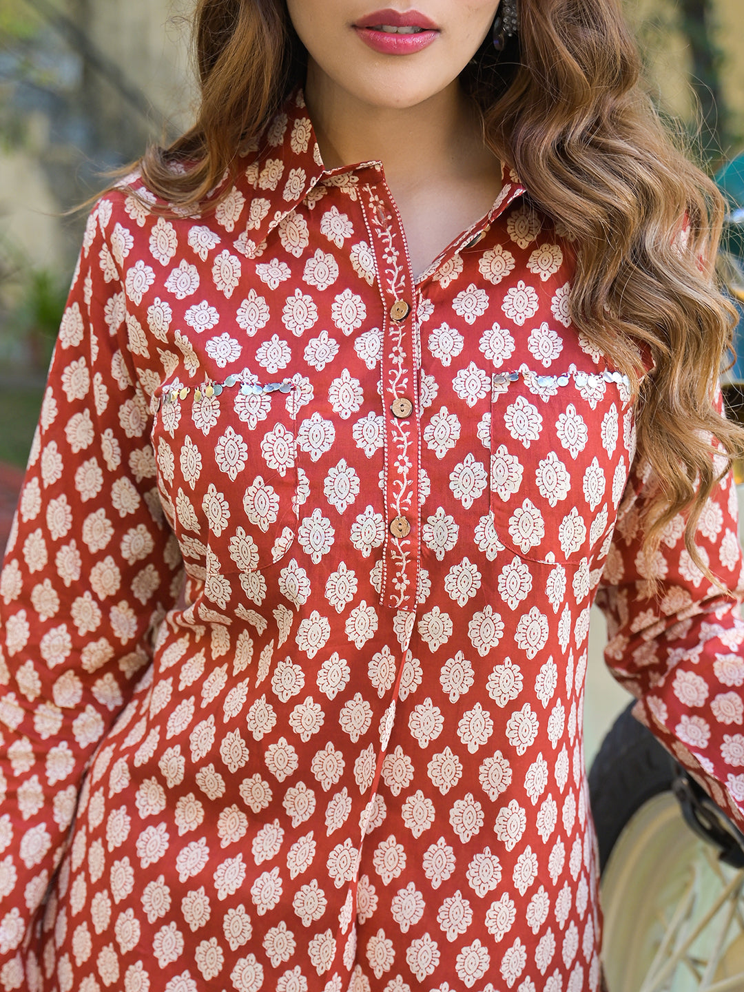 ESHANI Red Ethnic Printed Cotton Fabric Shirt Kurta With Trouser