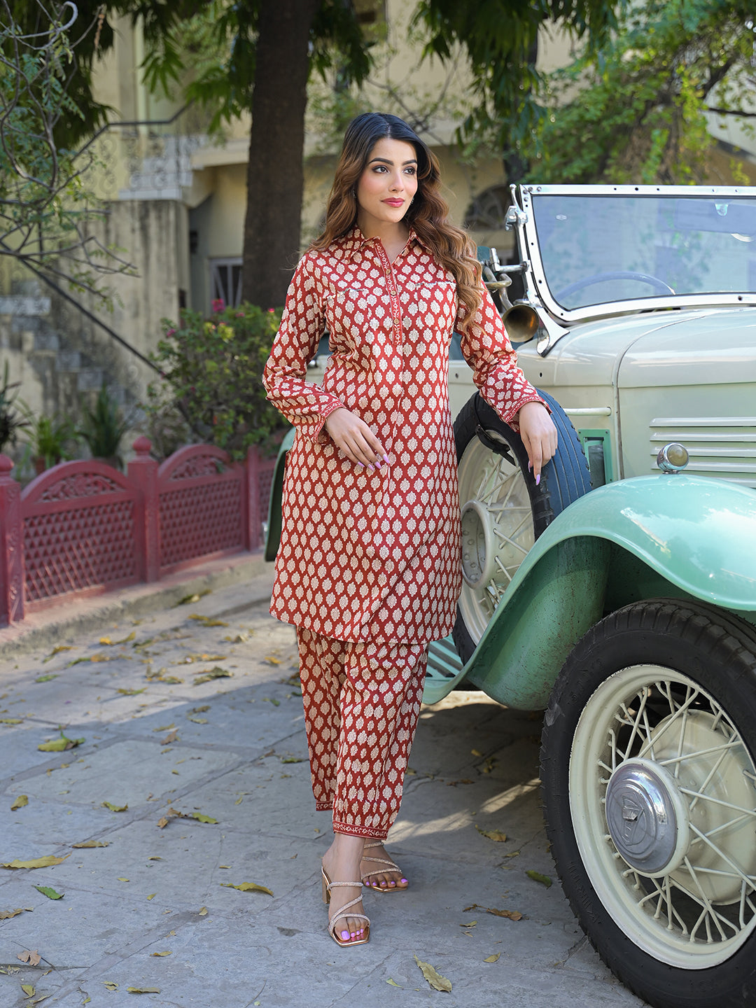 ESHANI Red Ethnic Printed Cotton Fabric Shirt Kurta With Trouser