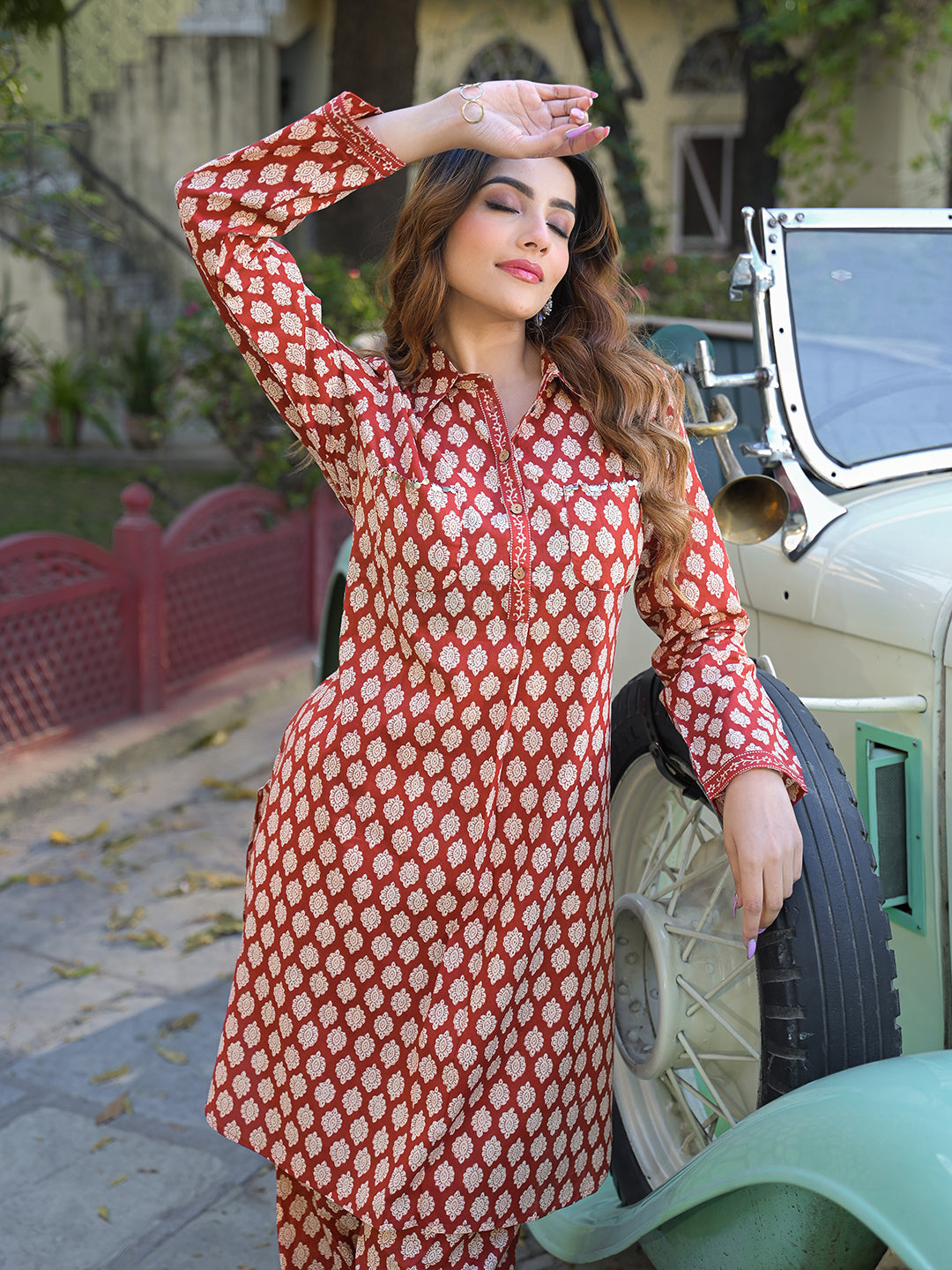 ESHANI Red Ethnic Printed Cotton Fabric Shirt Kurta With Trouser